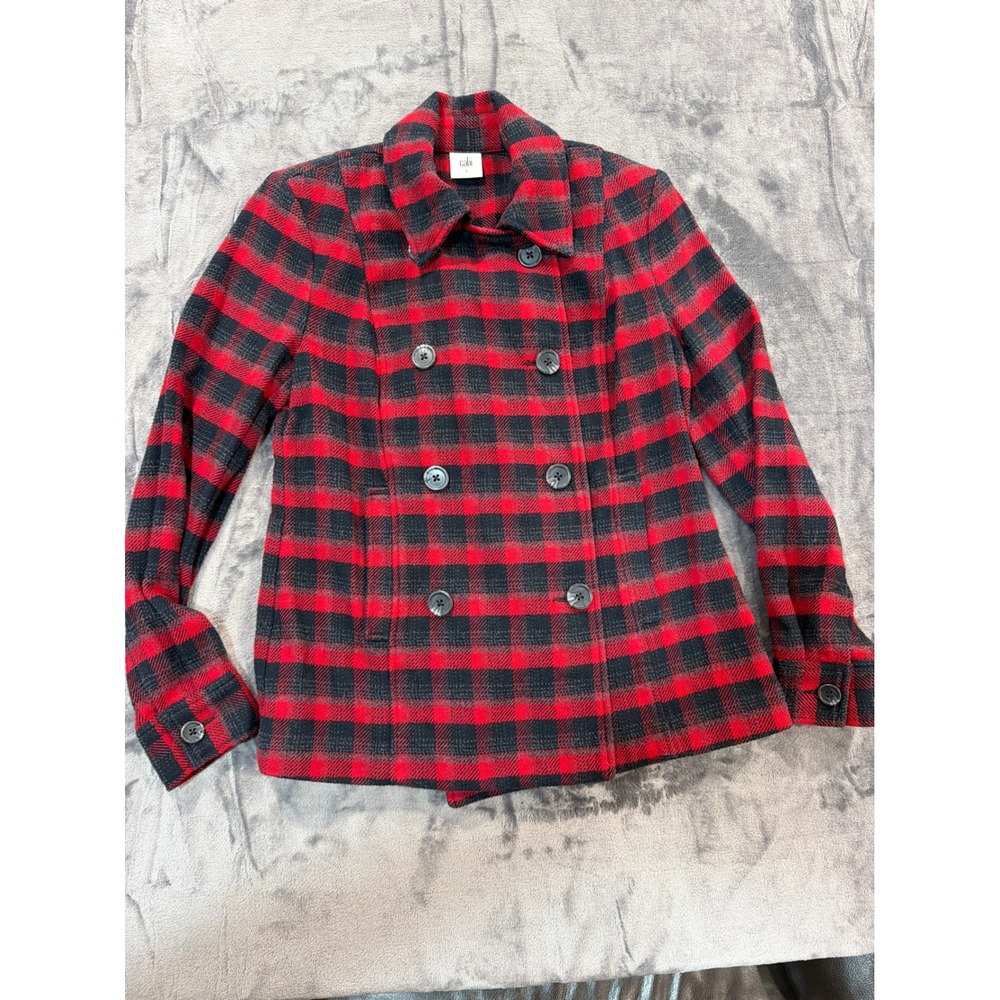 Cabi Pea Coat Kids Red Black Buffalo Plaid Cotton Double Breasted S 3852